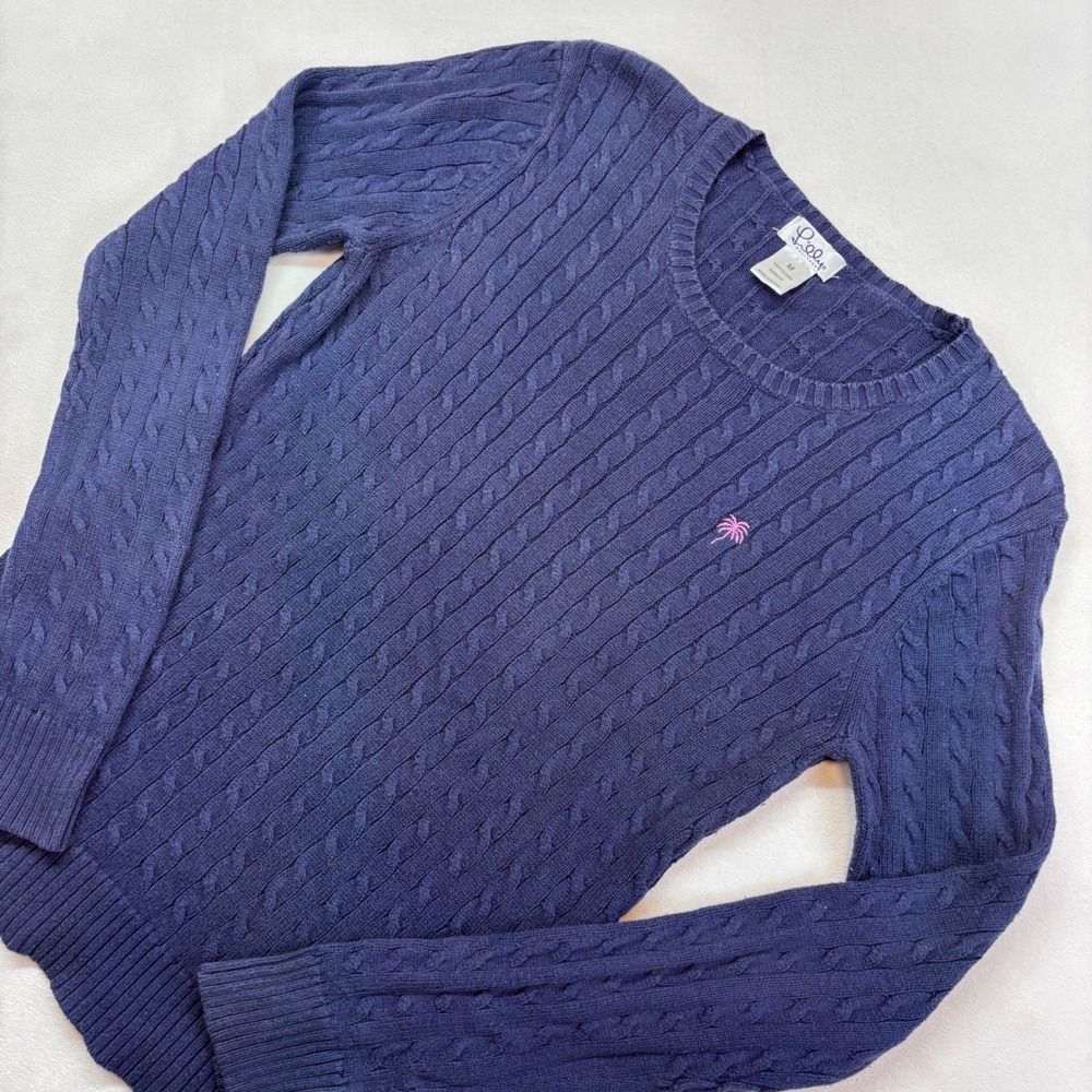 Lilly Pulitzer Navy Cable Knit Palm Tree Logo Sweater Women's‎ Medium Cotton